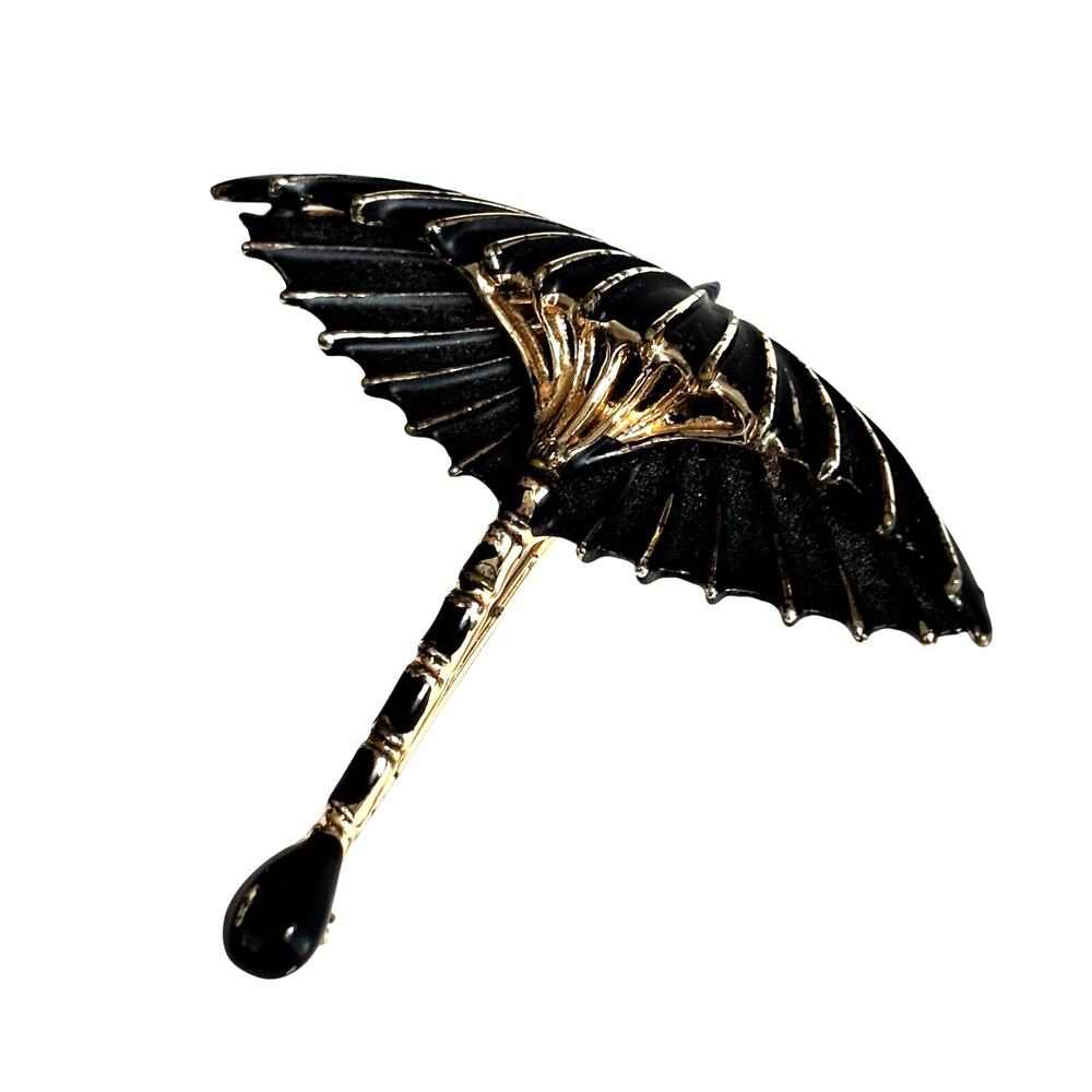 Vintage mid century novelty brooch gold black textured dimensional umbrella pin